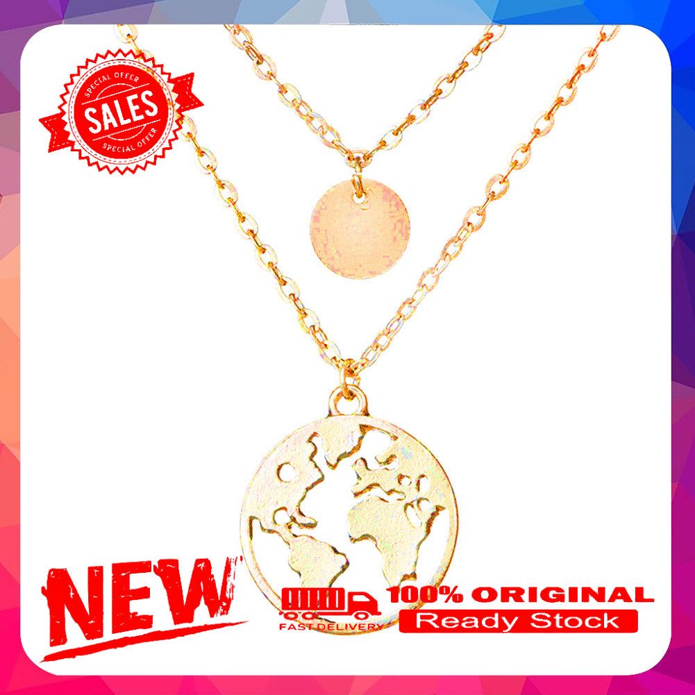Boho Double Layers Women Round Sequins Hollow Earth Pendant Necklace Jewelry