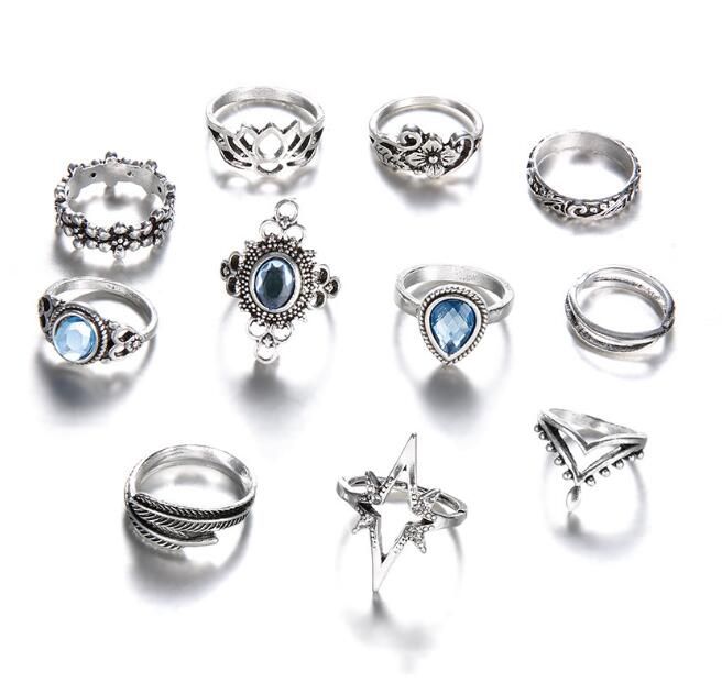 11 Pcs/set Women Boho Carving Flowers Leaves Water Drop Stars Crystals Gem Joint Ring Lady Party Silver Color Wedding Ring