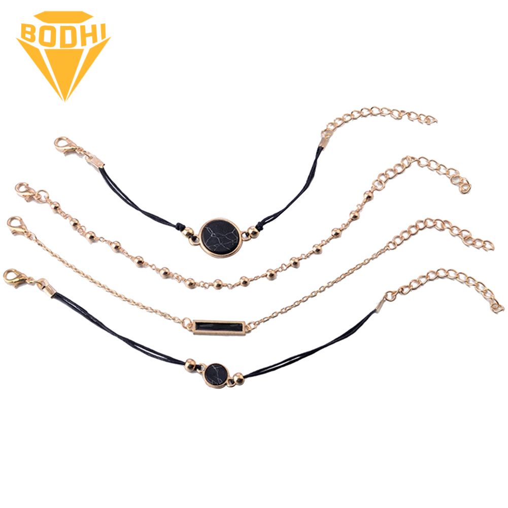 4Pcs/Set Women Bohemian Round Bar Stone Charm Bracelet Rope Chain Bangle Jewelry