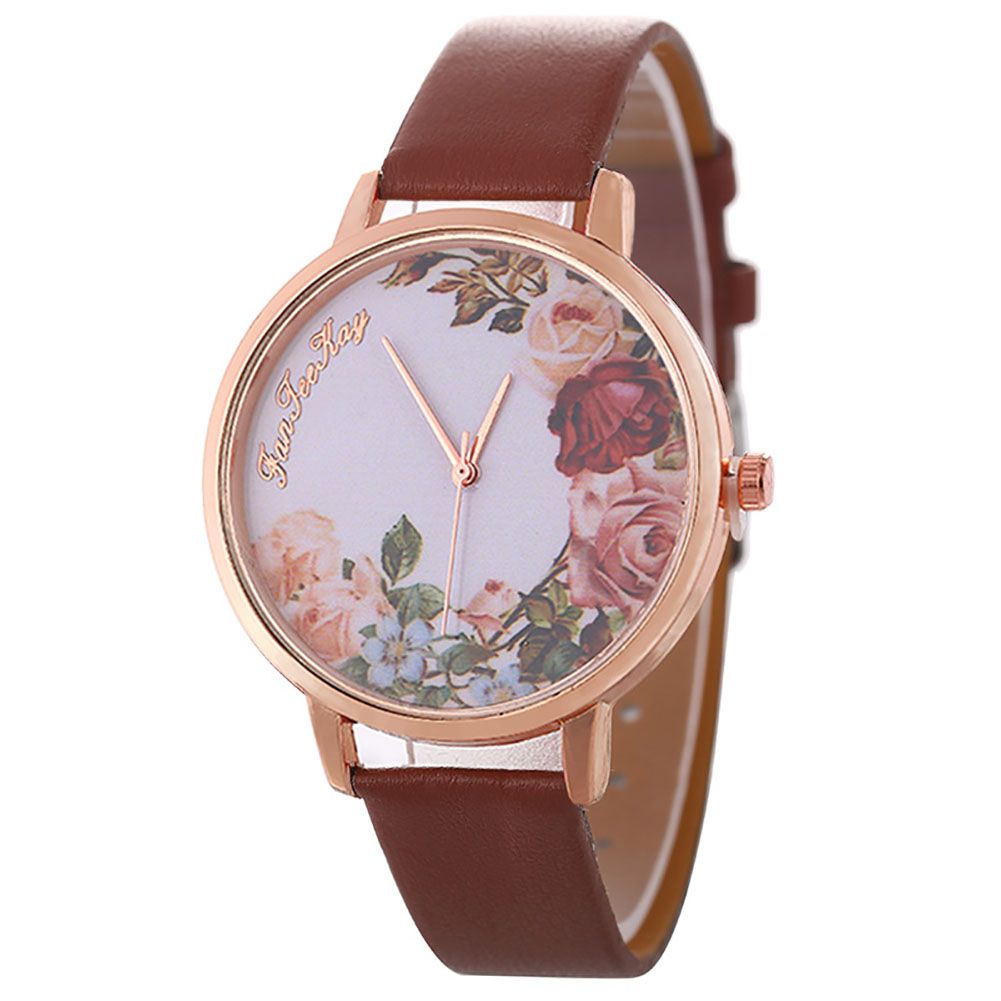 Casual Women Jewelry Flower Pattern Faux Leather Band Analog Quartz Wrist Watch