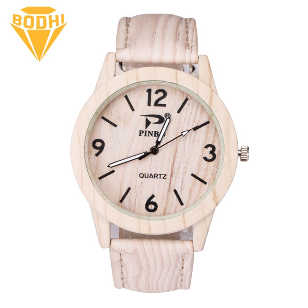 BODHI Men Simple Analog Round Dial Wood Grain Faux Leather Band Quartz Wrist Watch