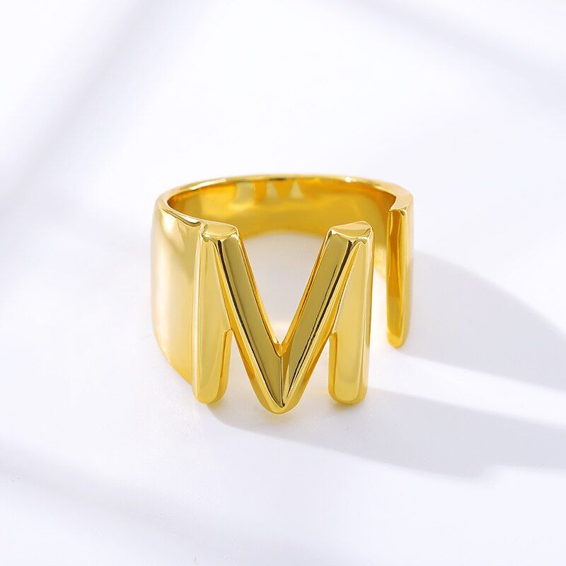 Hollow A-Z Letter Gold Color Metal Adjustable Opening Ring Initials  Alphabet Female Male Wedding Band Party Boho Jewelry