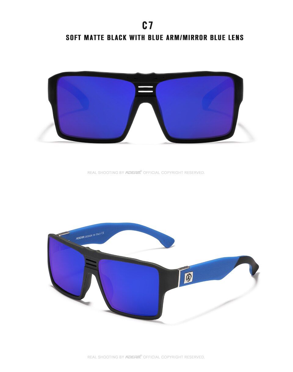 C7KDEAM Youthful Spirit Polarized Sunglasses Men Keyhole Bridge 6-base Coated Sun Glasses Square Twin-logo Design KD365