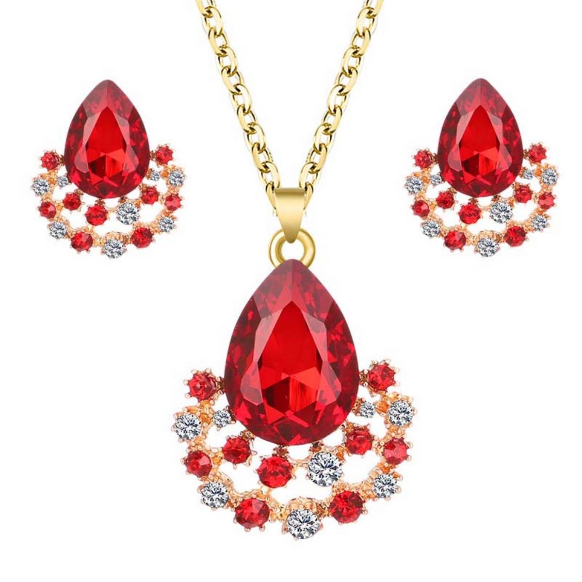 Women Faux Gem Pendant Necklace Earrings Party Jewelry Set