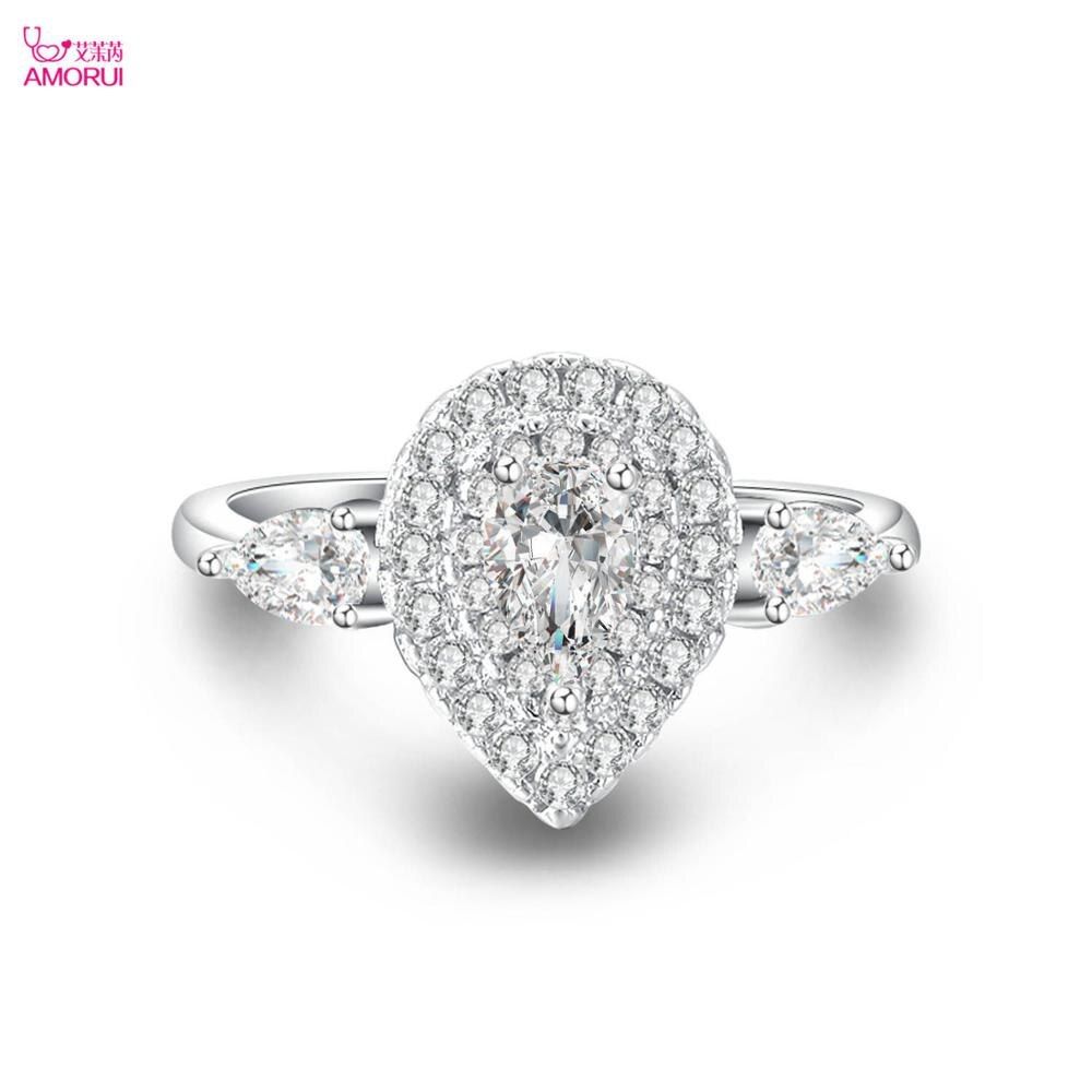 AMORUI Romantic Pink Love Silver Color Ring for Women AAA Zircon Waterdrops Engagement/Wedding Rings Gift Dropshipping