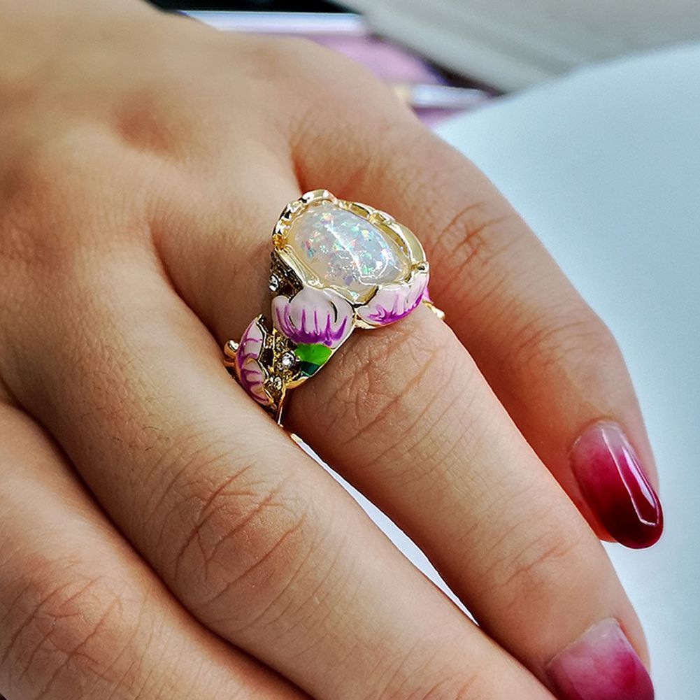 Elegant Women Rhinestone Faux Opal Inlaid Lotus Floral Ring Party Jewelry Gift