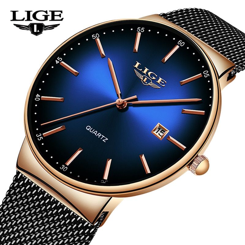 LIGE  New Mens Watches Top Brand Luxury Ultra Thin Stainless Steelproof Sports Watch Men