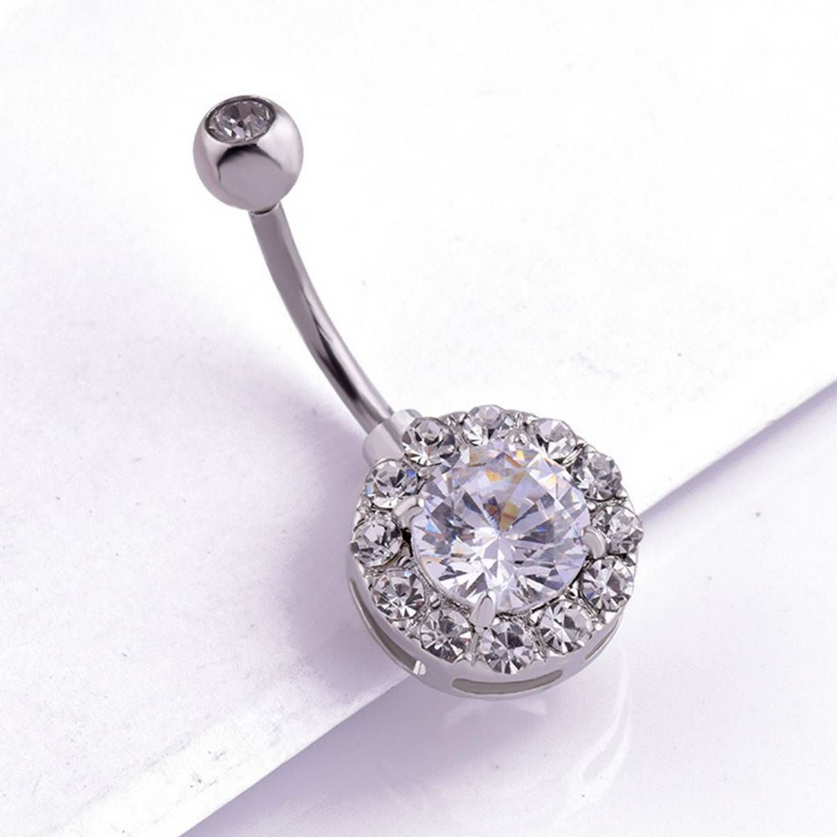 Women Rhinestone Inlaid Round Pendant Barbell Navel Ring Body Piercing Jewelry