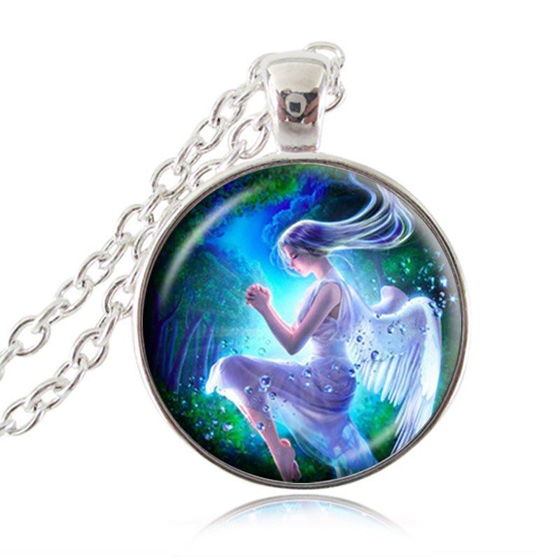Winged Angel Necklace Fairy Charm Jewelry Glass Cabochon Pendant Fashion Statement Long Chain Necklace Girls Accessories HZ1