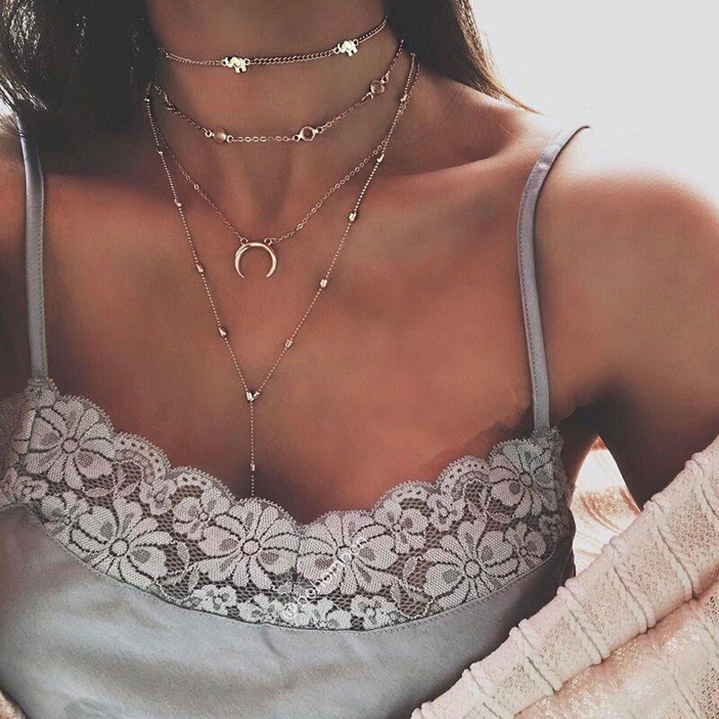 4Pcs/Set Bohemia Elephant Moon Circular Chain Multi Layer 001 Pendant Necklace Women Personality Clothing Jewelery