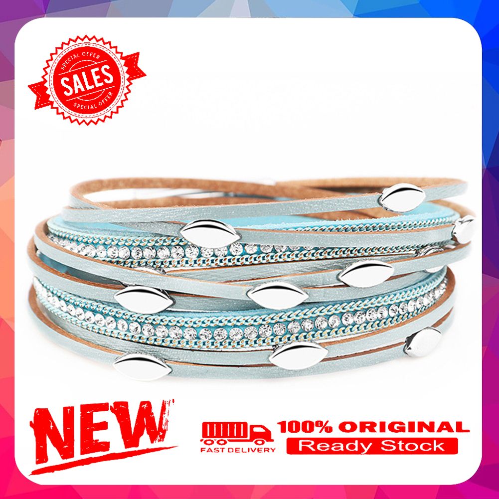 Fashion Women Leaf Charm Rhinestone Multi Layer Bracelet Bangle Jewelry Gift
