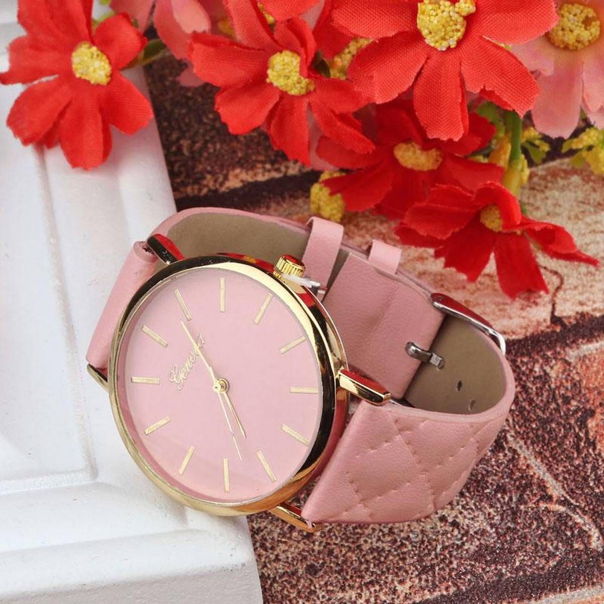 Watch for women Unisex Casual Geneva Checkers Faux Leather Quartz Analog Wrist Watch PK