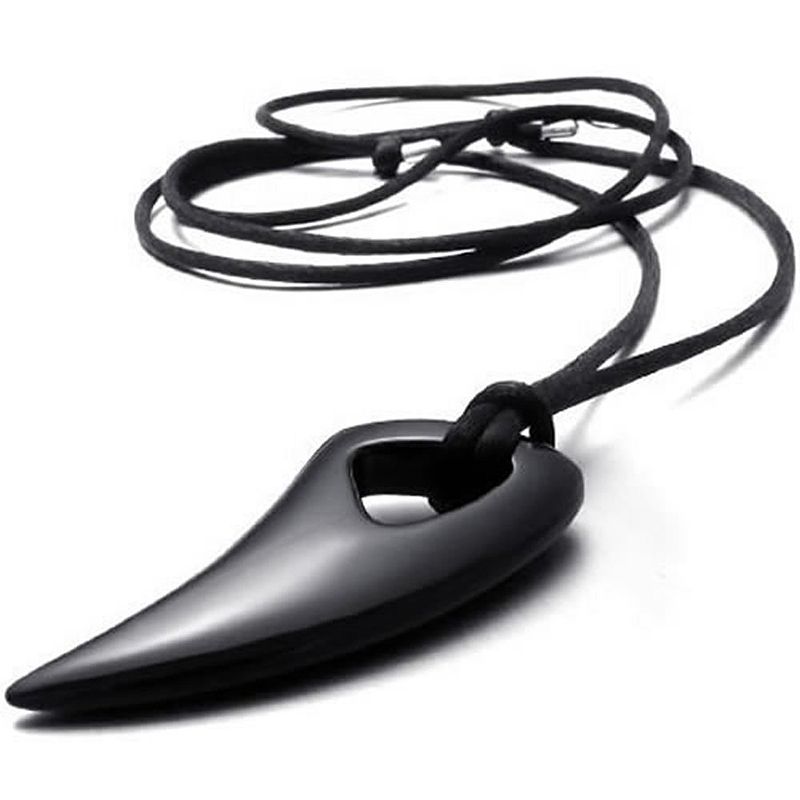 Jewelry Men's Necklace Pendant - Adjustable Cotton Chain - Tribal Wolf Tooth - Stainless Steel - for Men - Black - With Gift Bag