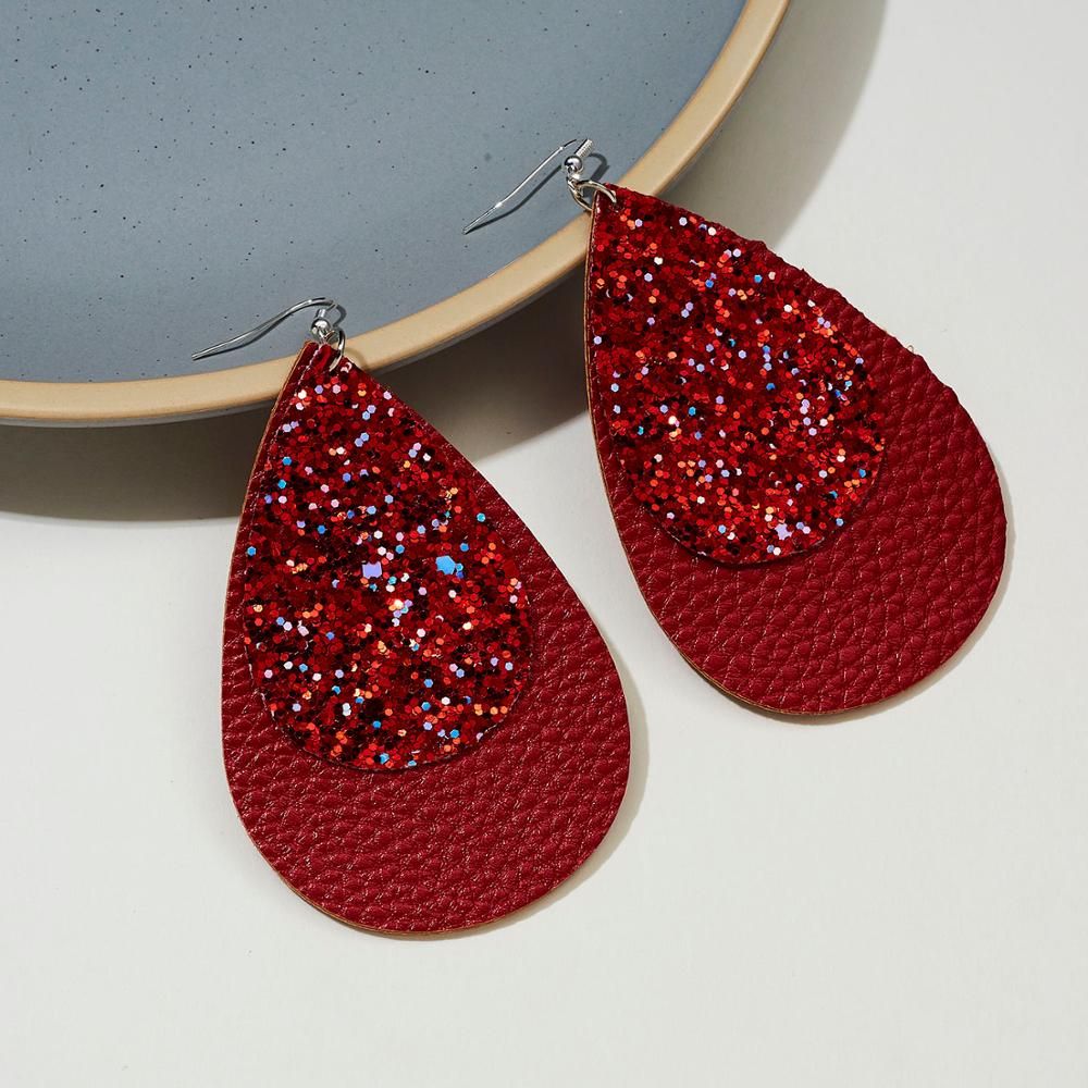 Belleper TearDrop Double Sequined Leather Dangle Ear Hook Earrings Shinny Christmas Red Colorful Dangling Earring Female Jewelry