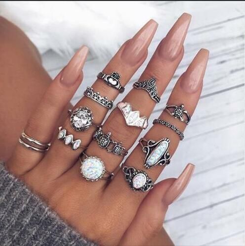 Docona Bohemia Geometric New Fashion Vintage Gold Silver Color Finger Rings Sets For Women Ladies Jewelry Drop Shipping