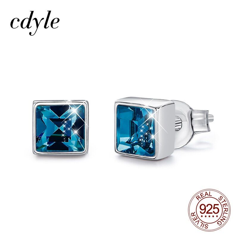 Cdyle Women Daily Costume Stud Earrings 925 Sterling Silver Jewelry Elegant Fashion Square Shape Blue Bijoux Charm Earrings