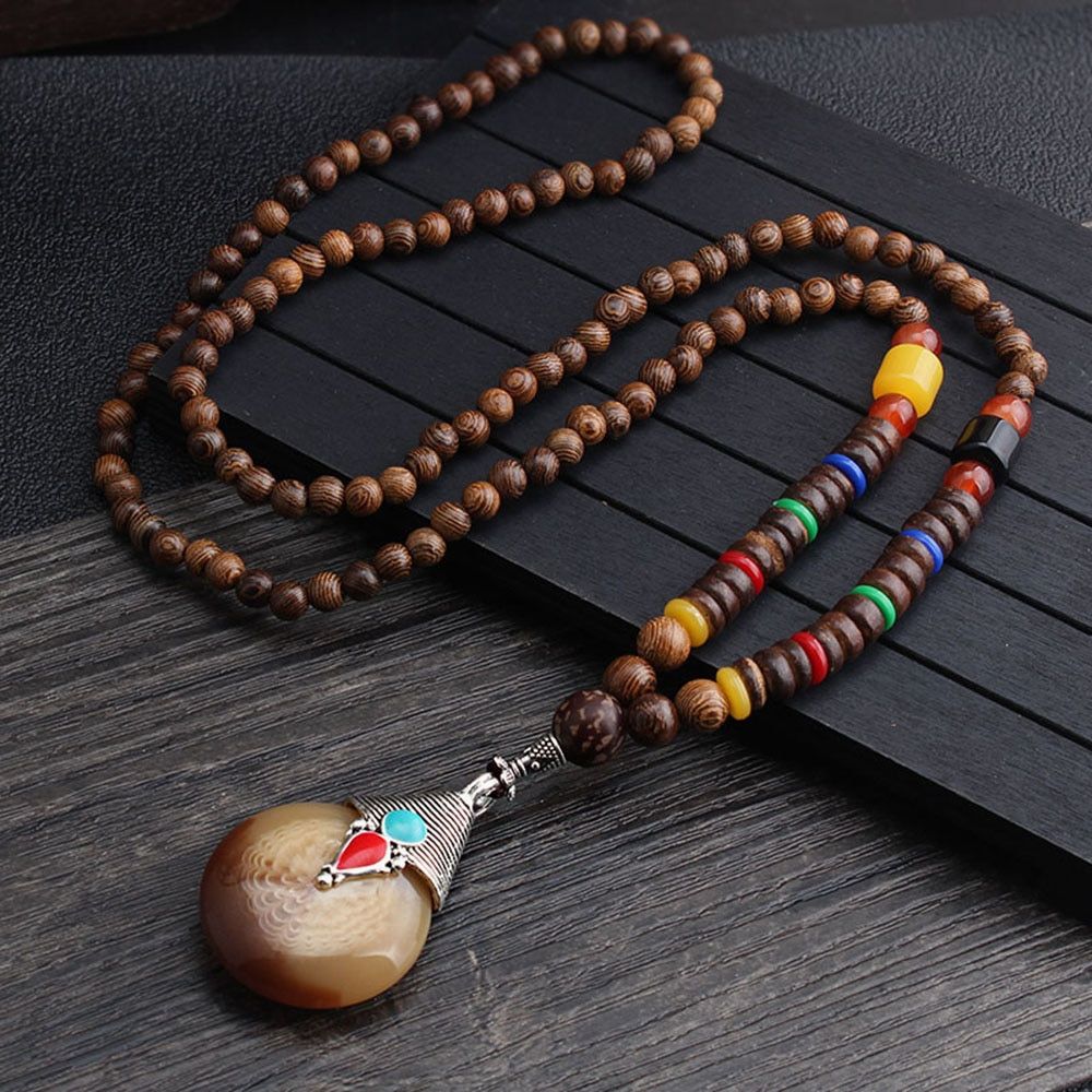 Vintage Handmade Nepal Buddhist Wood Necklace Bohemian Jewelry Men