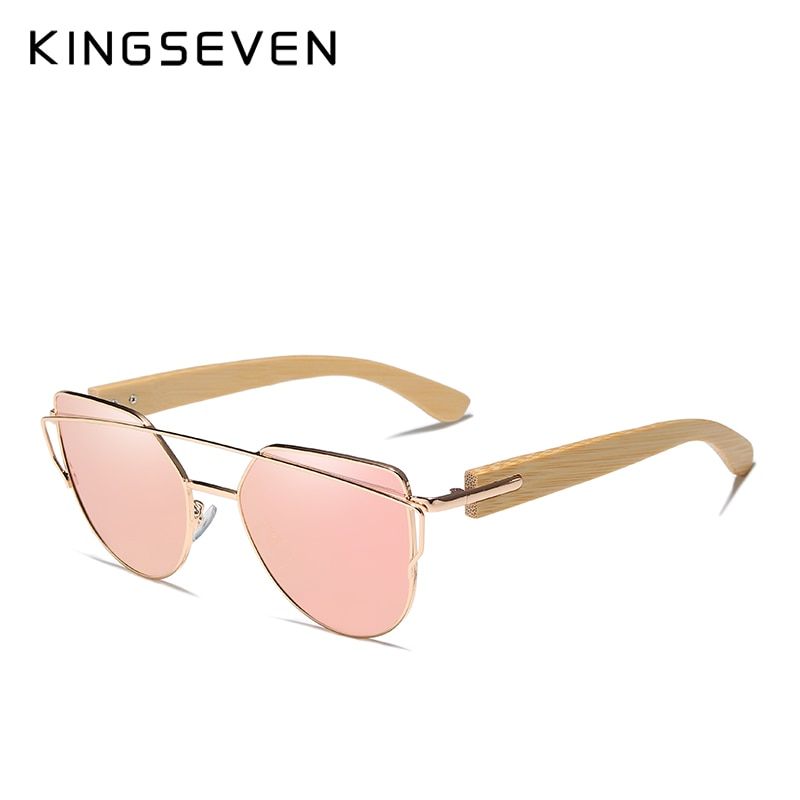 pink bambooOriginal KINGSEVEN Brand Bamboo Cat Eye Sunglasses Polarized Metal Frame Wood Glasses Women Luxury Sun Glasses With Wood Case
