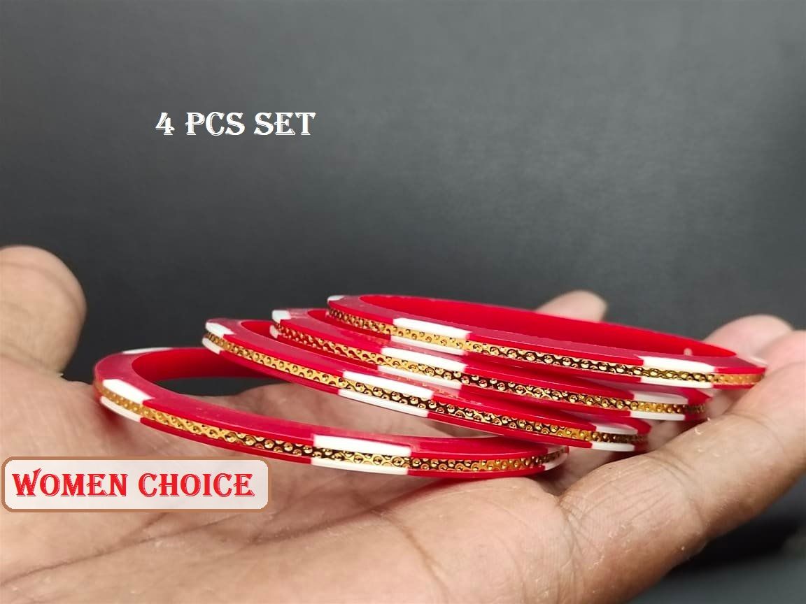 4 Pcs Red White Shakha Pola Bangles for Women , Party , Wedding , Anniversary , Druga Puja & All Time Use Shakha Bangles. C55.