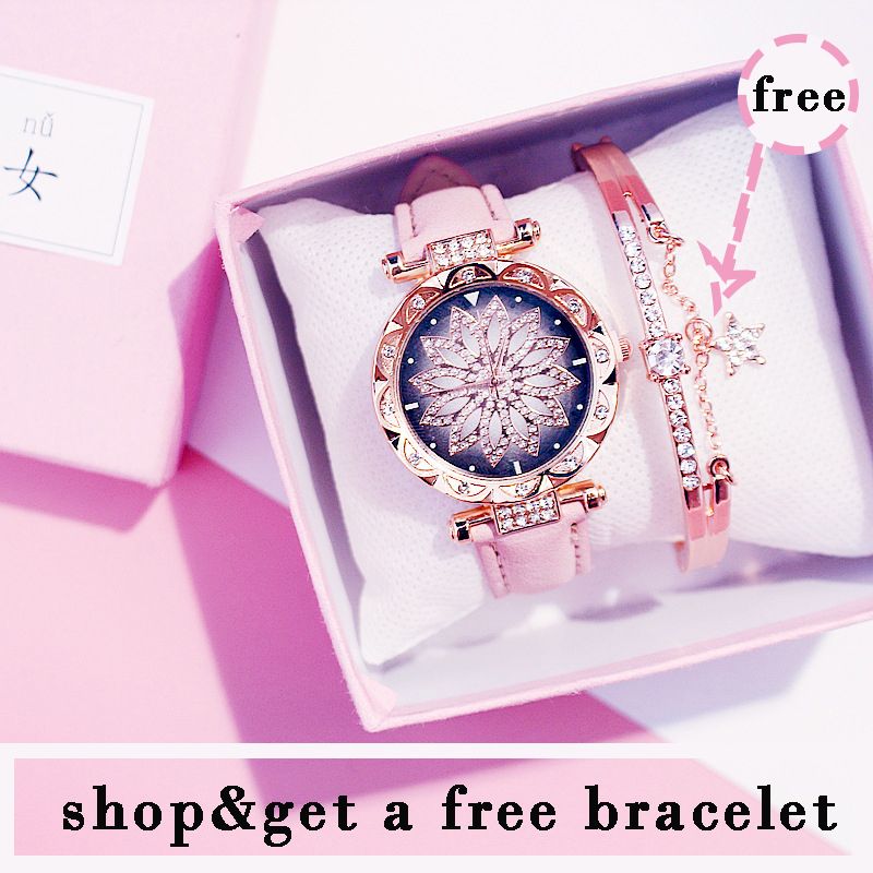 Fashion Quartz Diamond Flower Wrist Watch Simple casual round watch Women Waterproof Women Digital Watches Accessories (buy a watch get a bracelet)