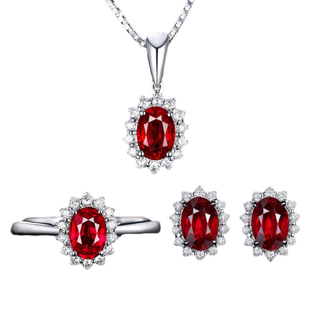 Women Rhinestone Inlaid Oval Pendant Necklace Earrings Open Ring Jewelry Set