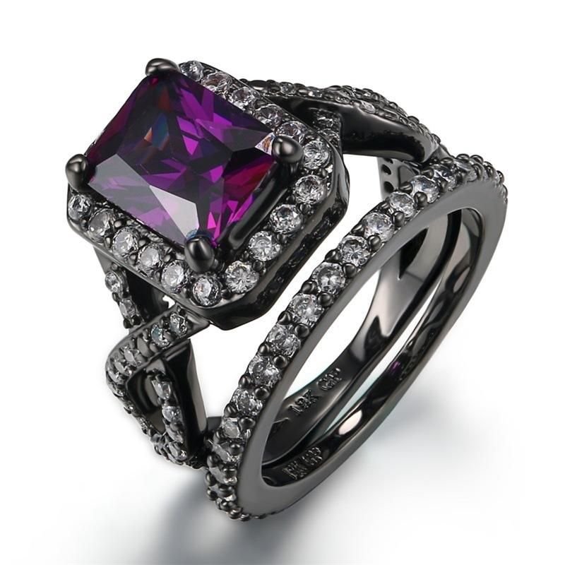 Black Princess Cut Crystal Wedding Engagement Ring