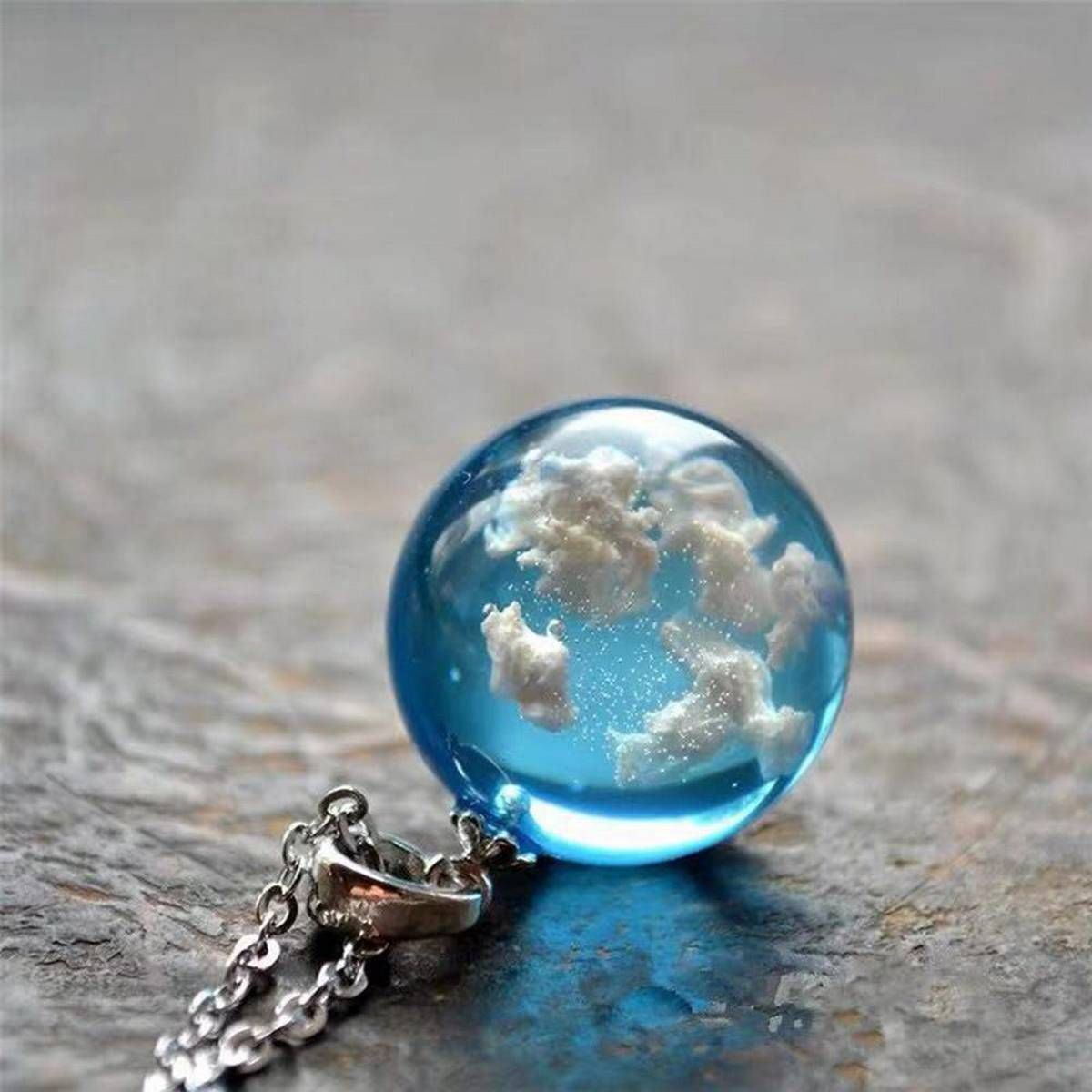 Blue Sky White Cloud Chain Pendant Necklace Janedream Chic Transparent Rould Ball shape Resin Necklace for Women Fashion Jewelry