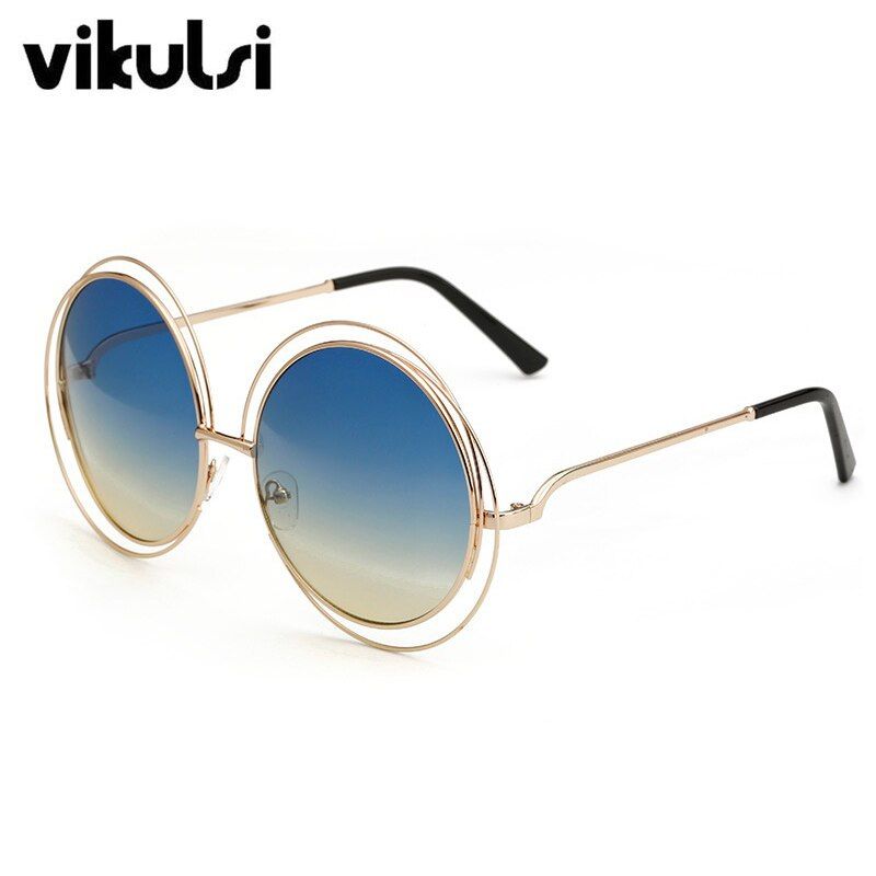 A835 blue yellowNew Brand Designer Big Round Sunglasses Women 2017 Vintage Summer Style Round Metal Sun Glasses Women Shades High-grade Sunglass