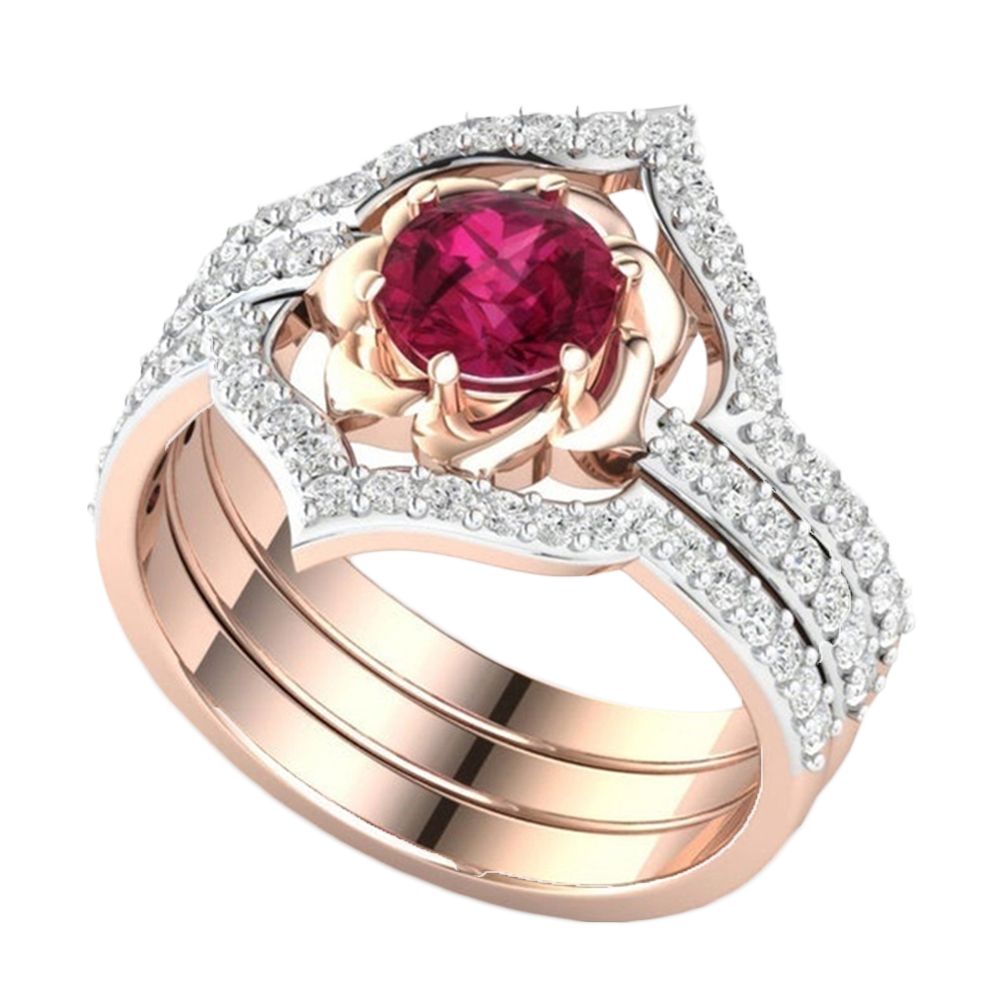 3Pcs Elegent Women Faux Ruby Rhinestone Inlaid Finger Ring Band Jewelry Gift