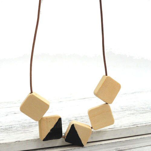 NEW lady wood geometric necklace pendant minimalist statement disk rhomb abstract yellow grey leather cord NW393