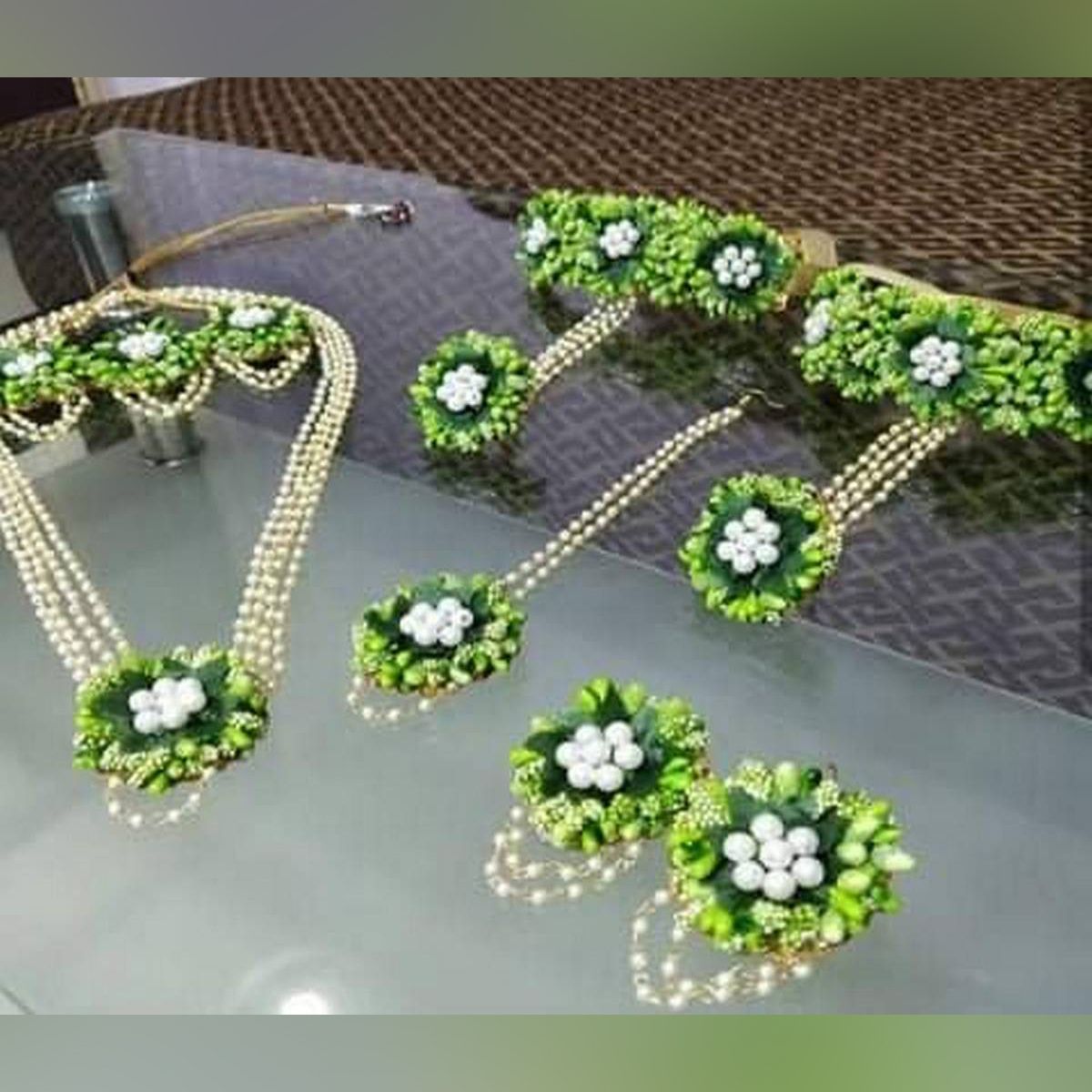 Artificial Flower Jewellery Set 6 Part-Chokar and necklace, Earrings,2 Pcs Bracelets ,Finger Ring Bracelets Adjust & Tikli Bridal/Holud/Boishakh Fashion For Women