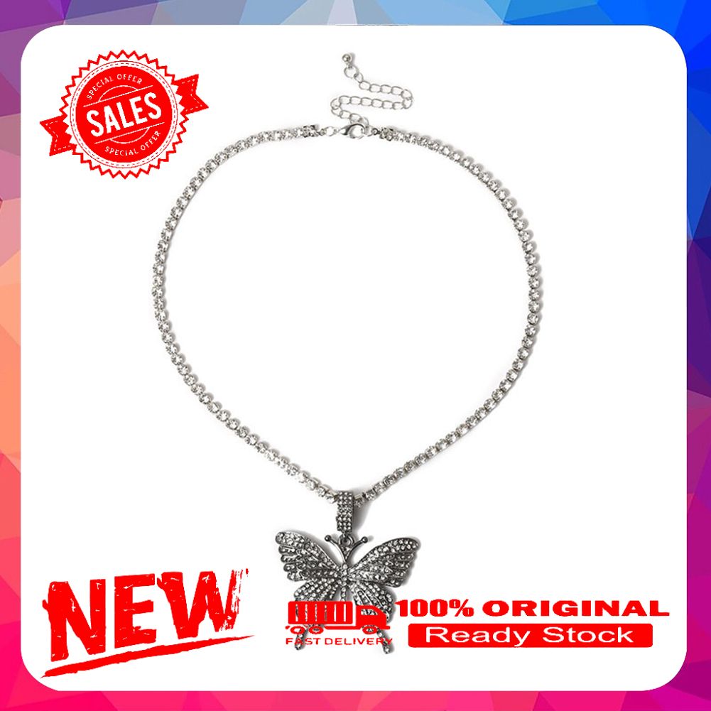 Women Rhinestone Inlaid Butterfly Pendant Chain Necklace Party Jewelry Gift