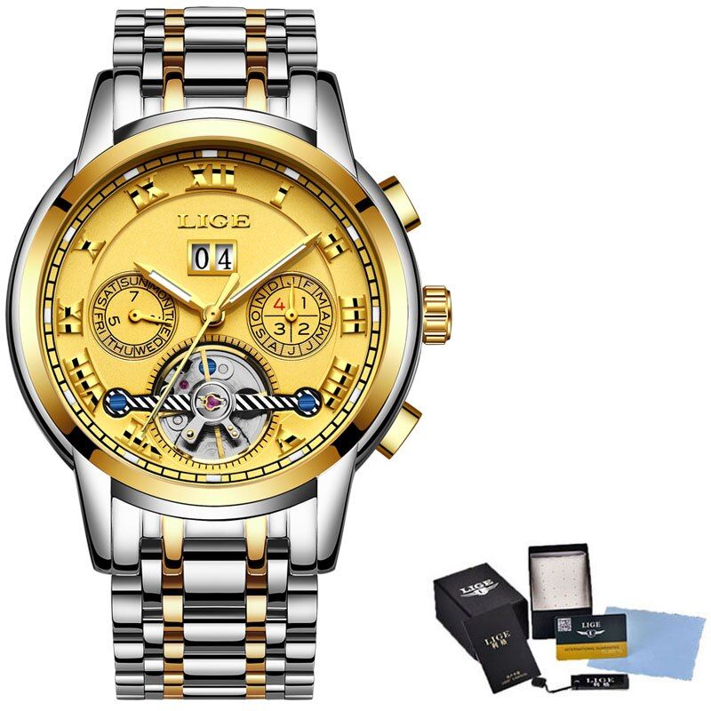 LIGE Luxury Brand Men Full automatic Mechanical Watch Tourbillon Business Stainless Steel Man Calendar Watches relogio