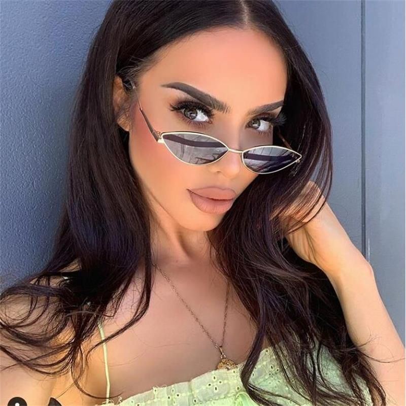 silver blueMetal Narrow Glasses Silver Mirror Triangle Sun Glasses For Women Vintage Tiny Small Cat Eye Sunglasses feminine Hippie glasses