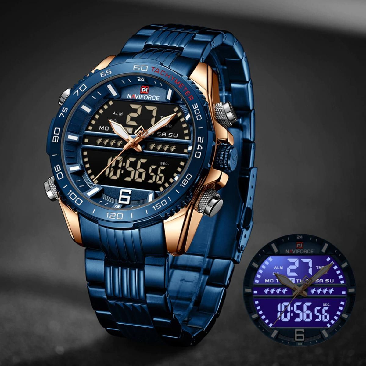 NAVIFORCE NF 9195S Digital Sport Watch For Men Steel Band Waterproof