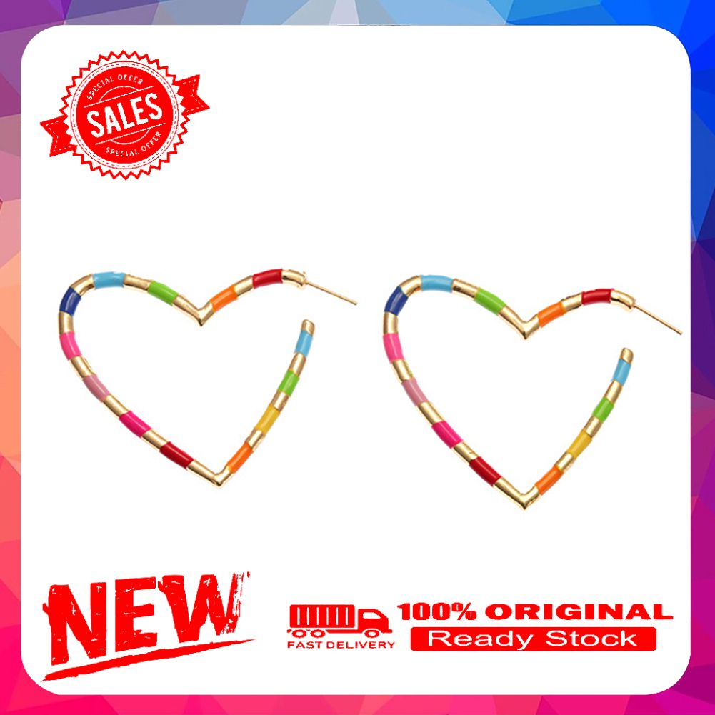 Women Multicolor Stripe Heart Big Hoop Earrings Party Piercing Jewelry Gift