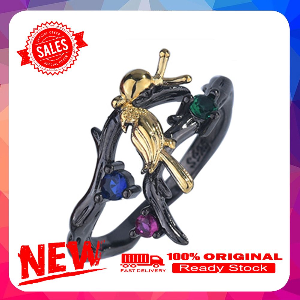 Women Bird Perching Branch Faux Gemstone Finger Ring Dangle Earrings Jewery