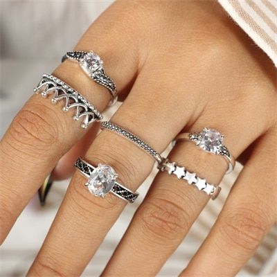 HuaTang Vintage Opal Tortoise Crown Shape Knuckle Midi Rings for Women Silver Color Carved Rhinestone Finger Ring Anillo