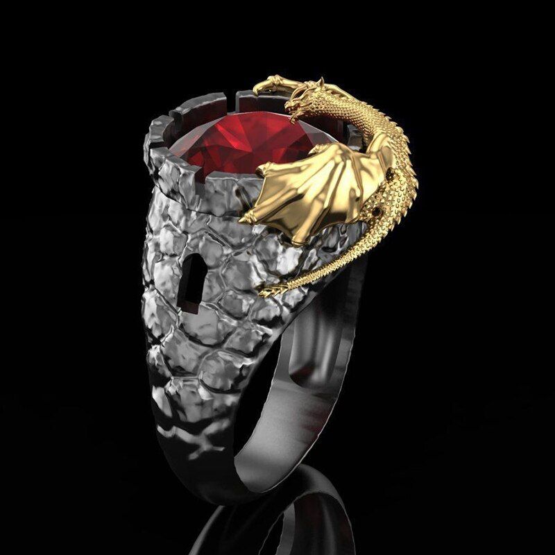 Vintage Punk Dry Well Evil Dragon Rings For Men Gothic Metal Two-tone Red Zircon Stone Steampunk Rings Women Jewelry Z4M520