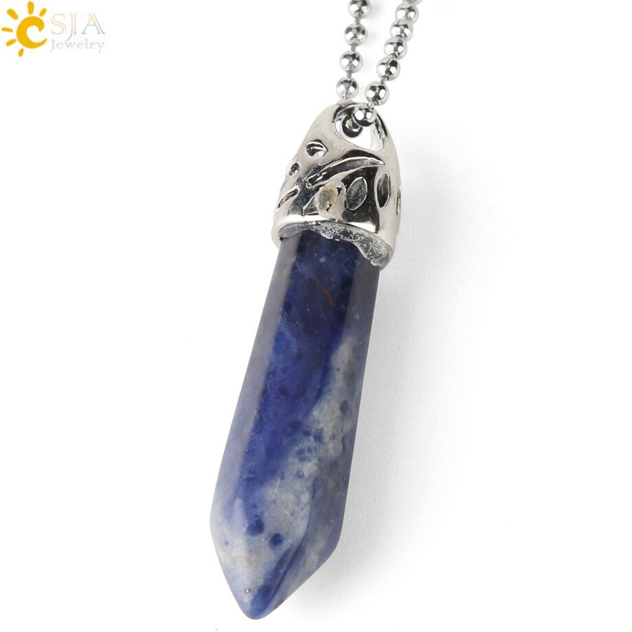 CSJA Natural Gem Stone Hexagon Pillar Pendant Healing Crystal Quartz Onyx Necklaces Suspension for Women Men Trendy Jewelry G301