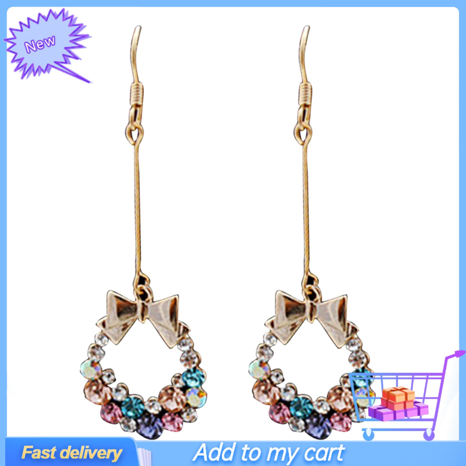 Colorful Rhinestone Drop Earrings Bow Women Circle Hook Earrings Stud Earrings Fashion Jewelry