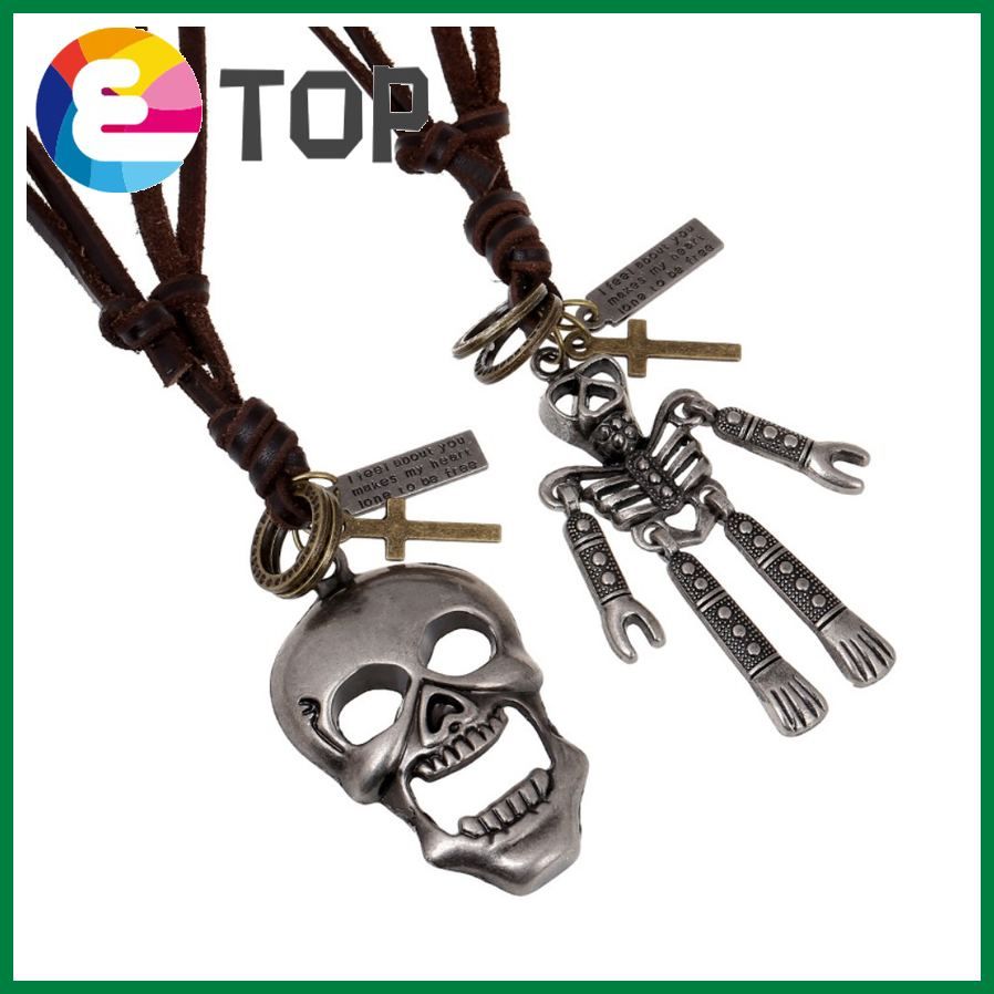 Retro Skull Leather Necklace Men'S Long Sweater Chain Jewelry