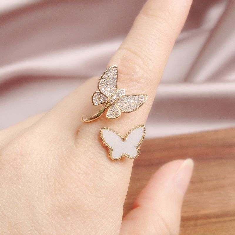 Korean  fashion jewelry copper inlaid zircon light luxury opening delicate flexible two butterfly shells elegant female ring