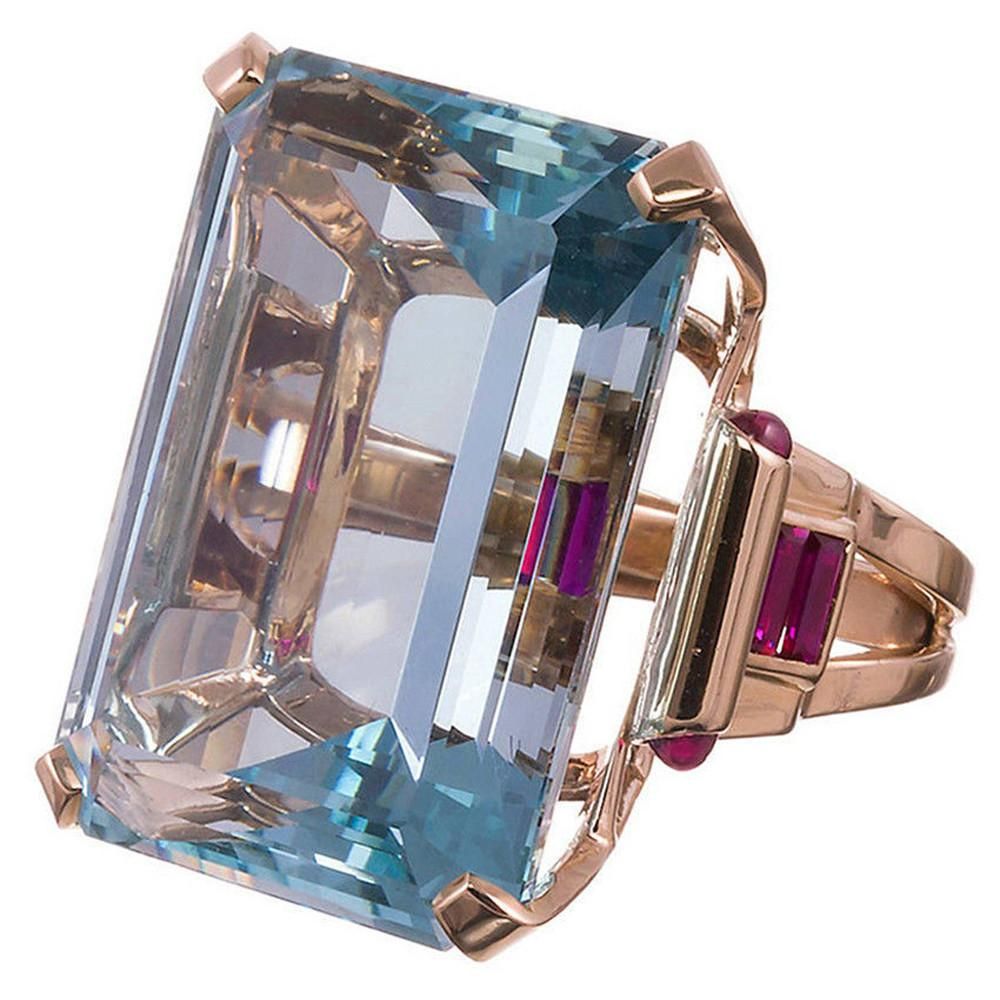 New Aquamarine Ring Wedding Ring Emerald Cut Blue Rose Gold For Lovers