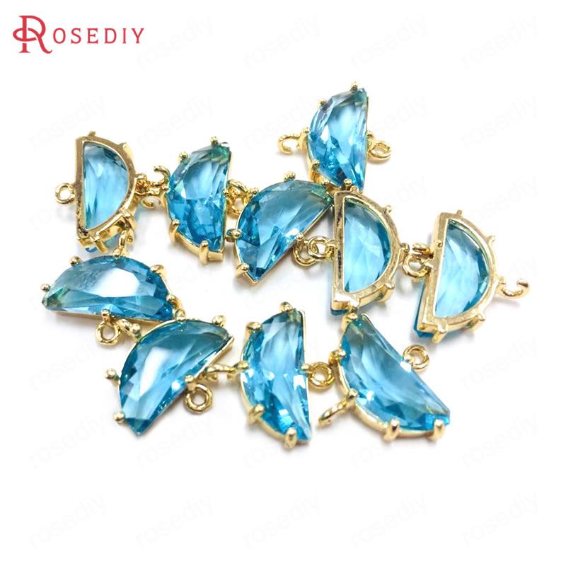 (38292)6PCS 7x15MM 24K  Gold Color Brass and Glass 2 Holes Moon Connect Charms Pendants Jewelry Findings