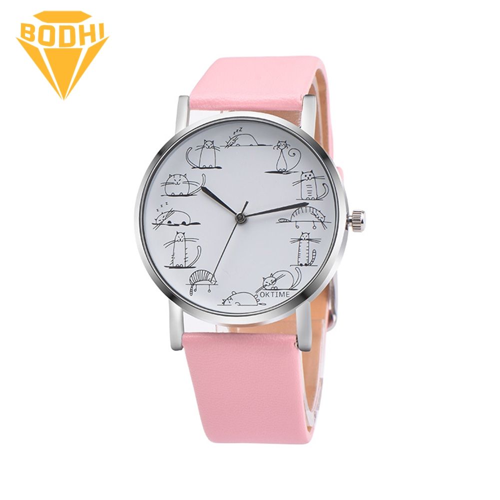 BODHI Girl Retro Design Lovely Kitty Cartoon  Faux Leather Band Alloy Wristwatch