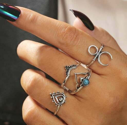 20 Styles Women Bohemian Vintage Crown Wave Flower Heart Star Leaf Crystal Opal Joint Ring Party Jewelry silver colour Rings Set