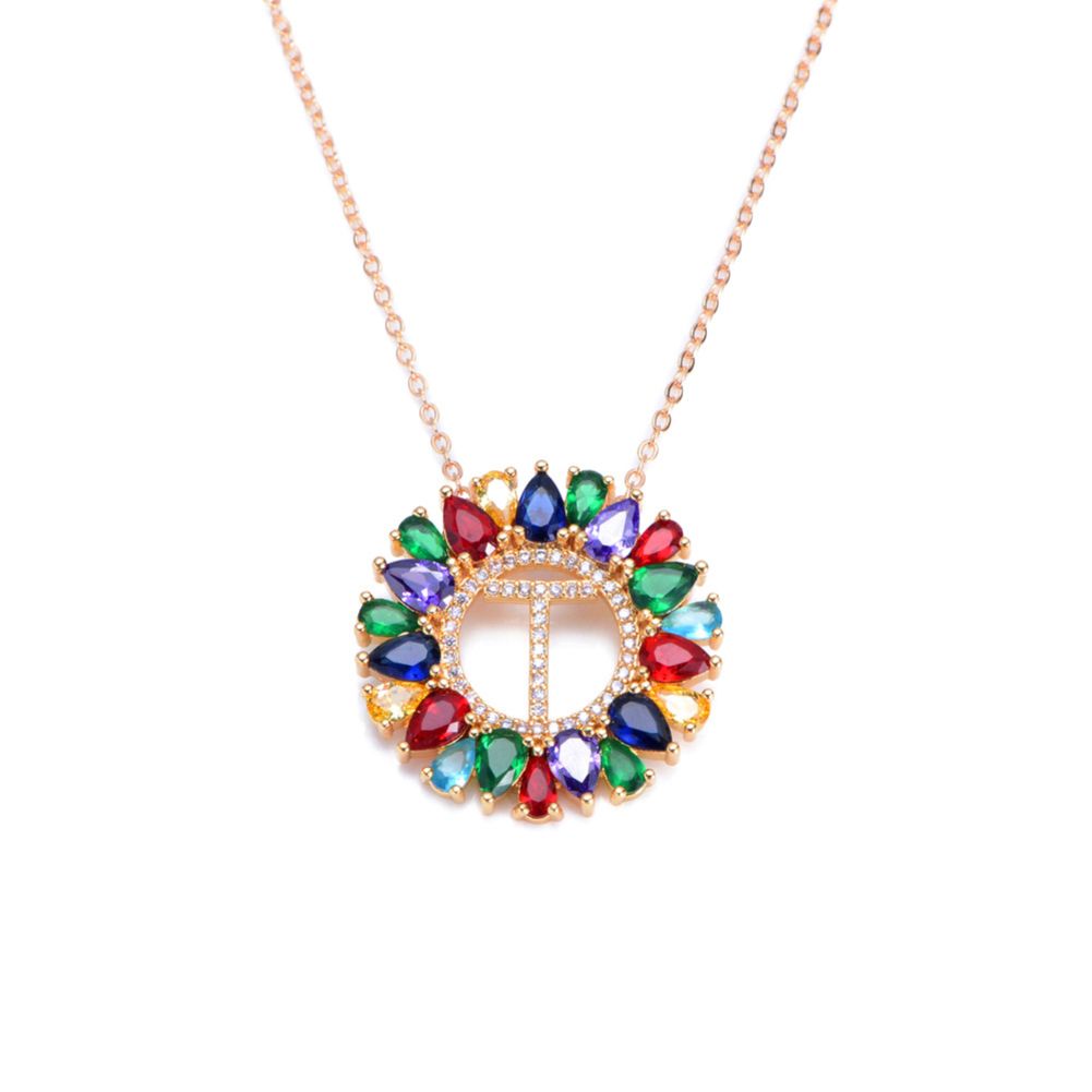 Women Rainbow Cubic Zirconia Letter Round Pendant Chain Necklace Jewelry Gift