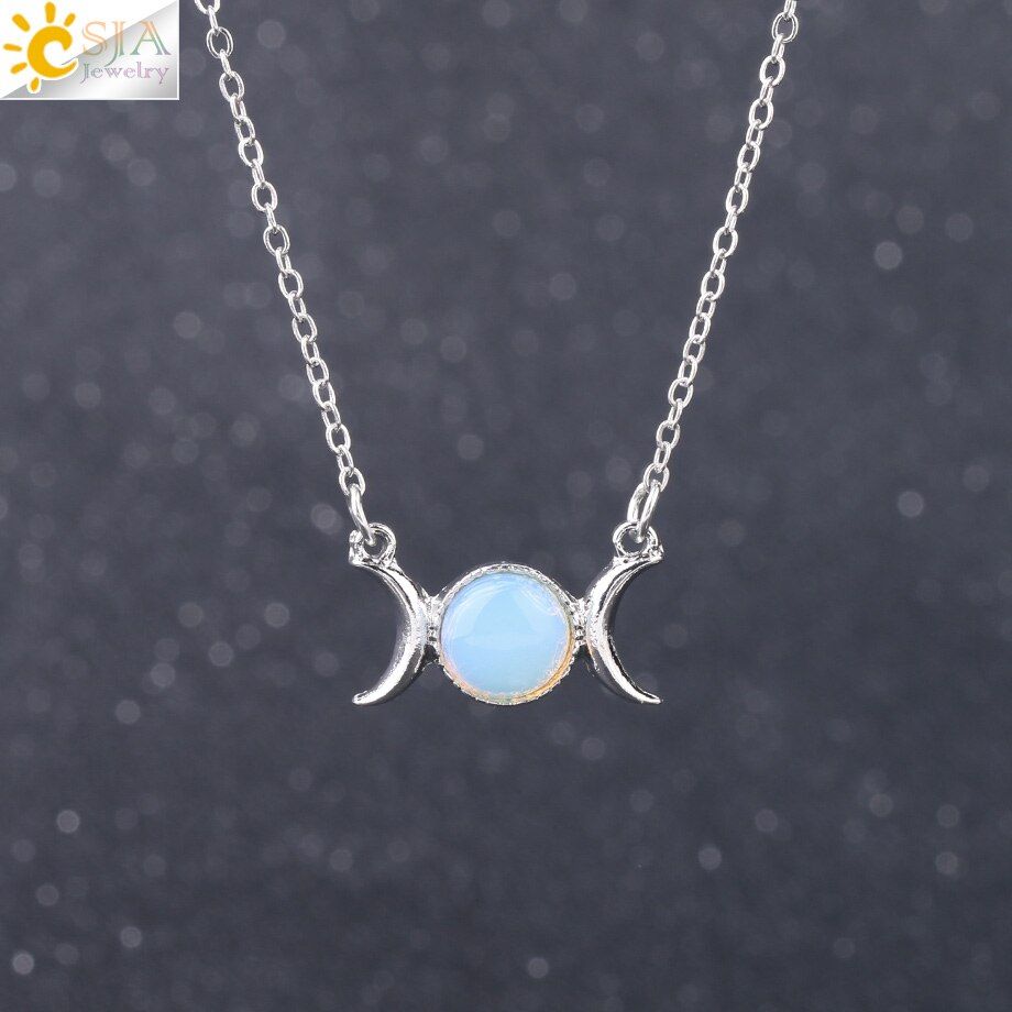 CSJA Vintage Crescent Clavicle Necklace Moon Sun Pendants Silver Color Choker Natural Stone Short Necklaces for Women Girls F707