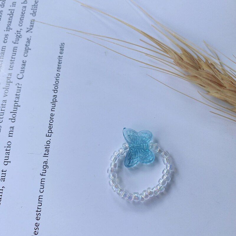 HUANZHI 2020 New Lovely Summer Korean Colorful Transparent Beads Butterfly Flowers Rings for Women Party Vacation Jewelry Gifts